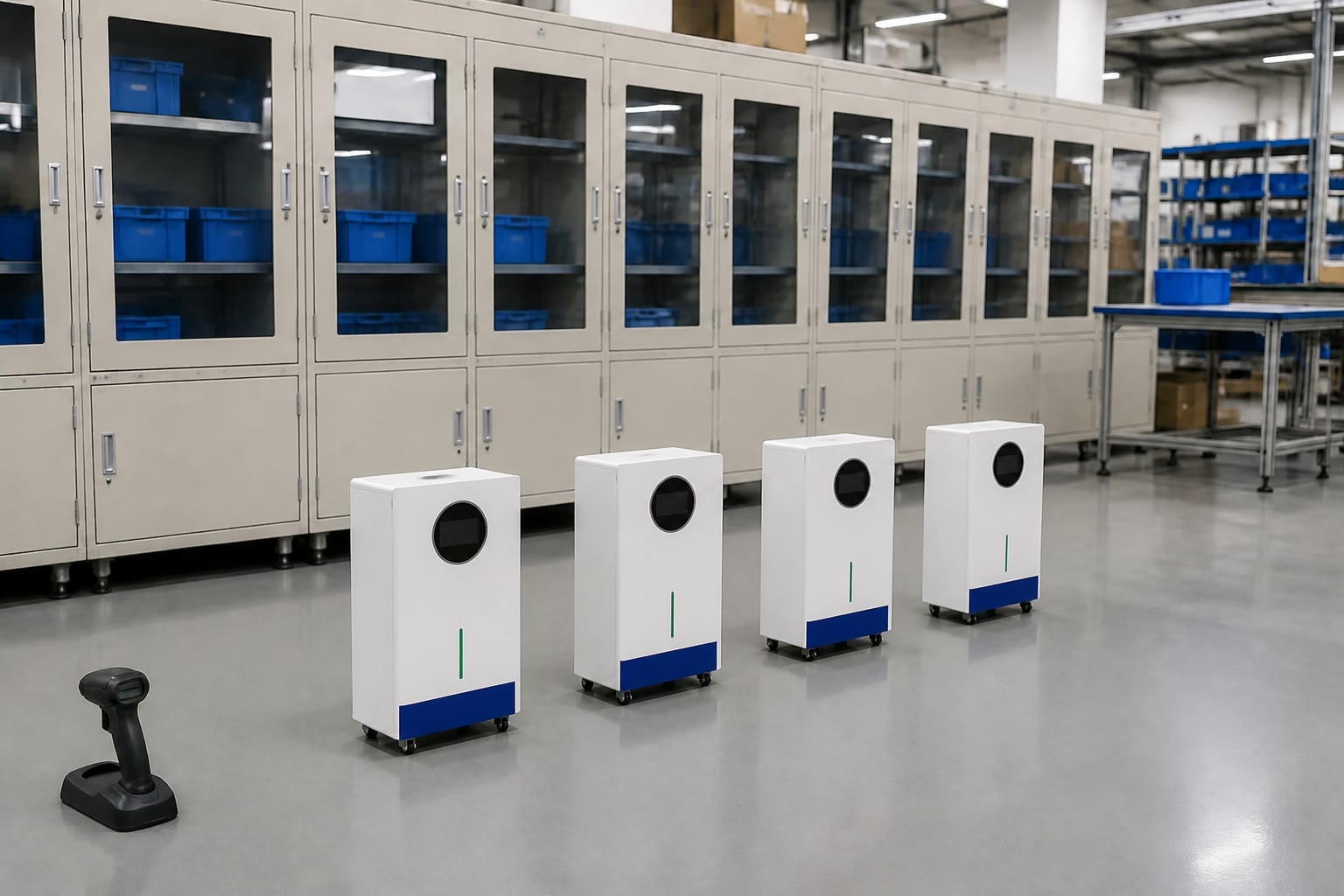 Floor-standing LiFePO4 batteries positioned near inspection cabinets