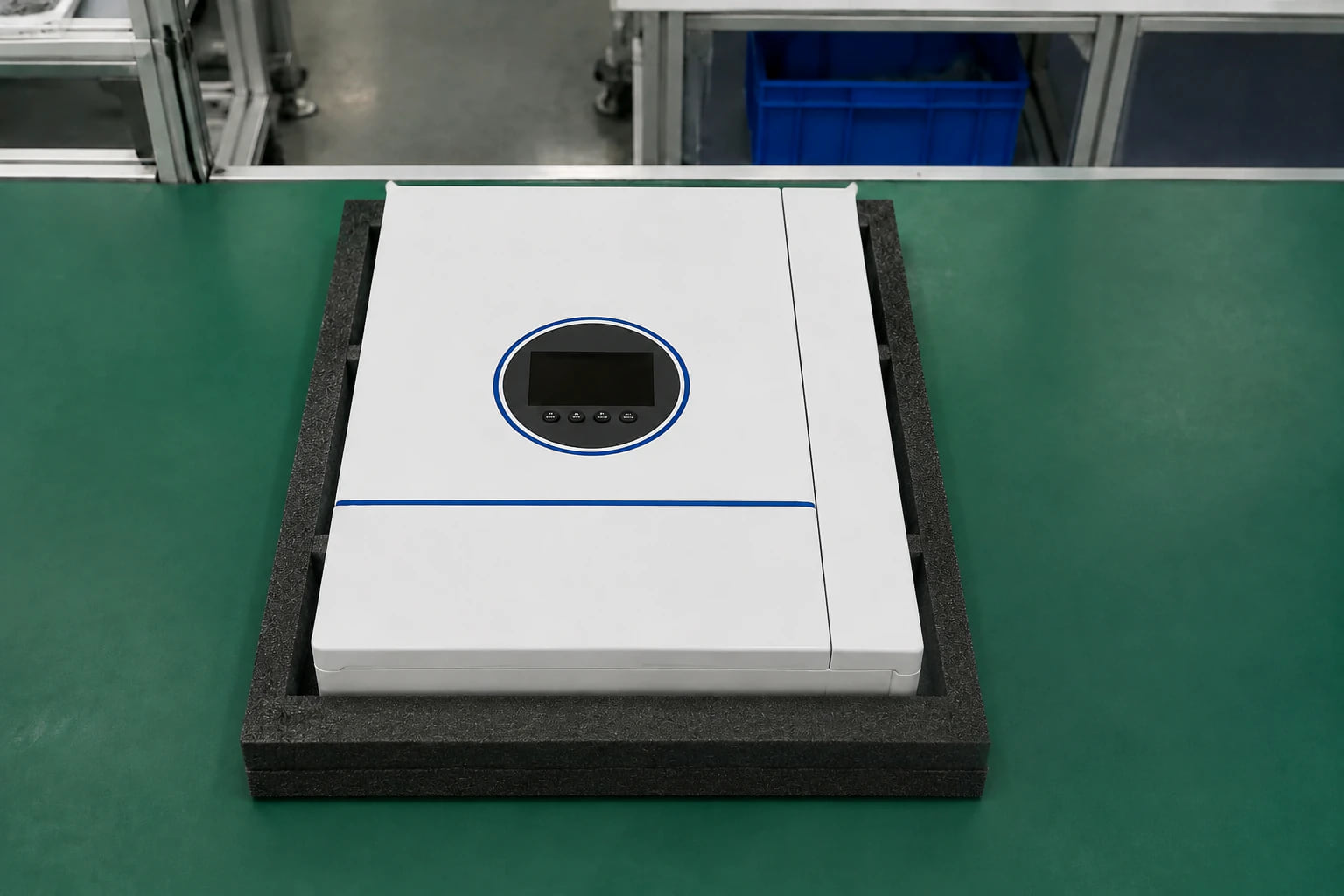 Hybrid inverter positioned on a padded inspection table