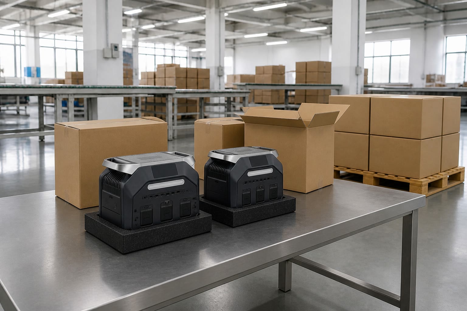 Portable power stations in protective foam trays beside palletized cartons