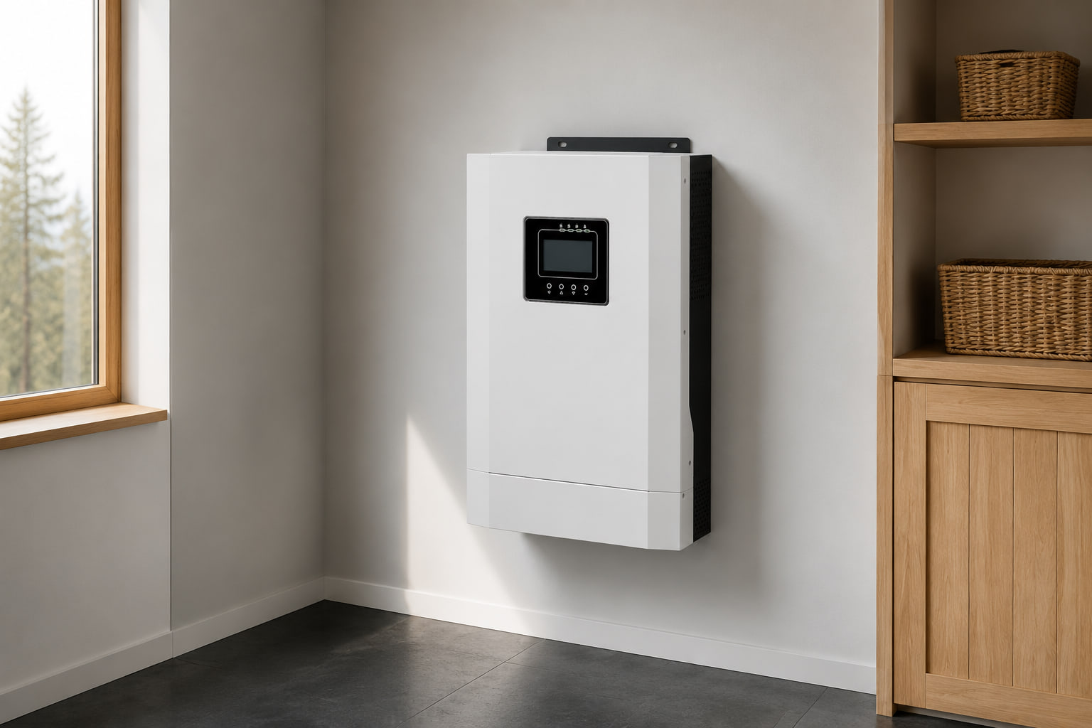 AMPEXE A2400 off-grid inverter displayed unconnected in a compact independent-home utility alcove