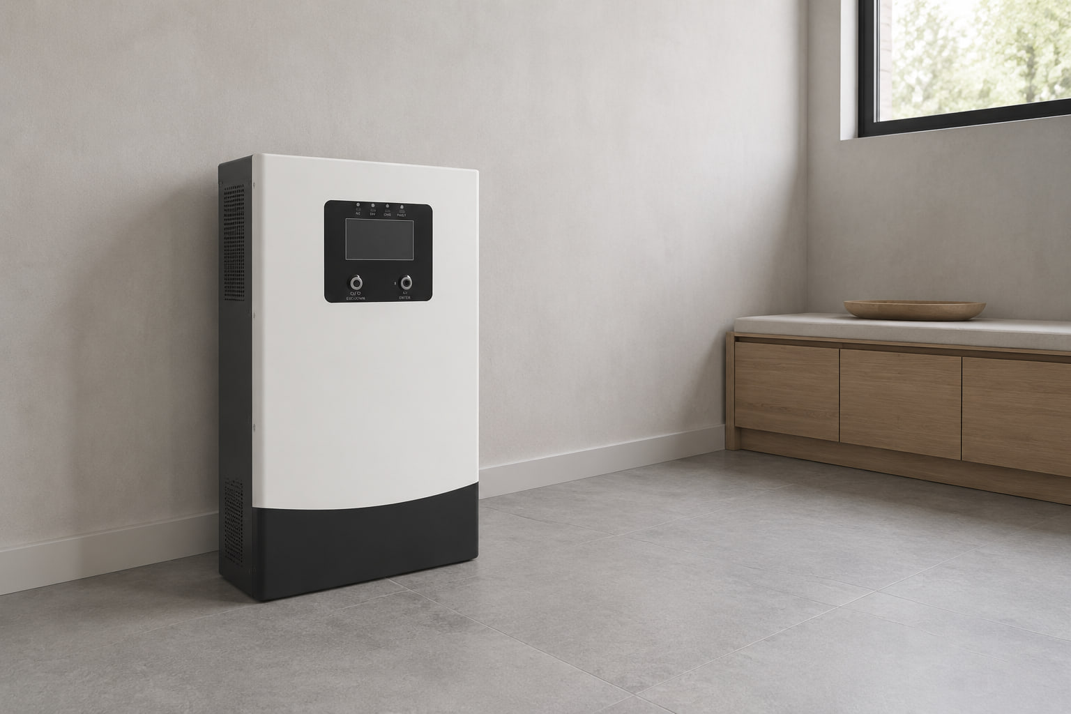 AMPEXE A3000 inverter displayed with empty ports in a modern home backup preparation room
