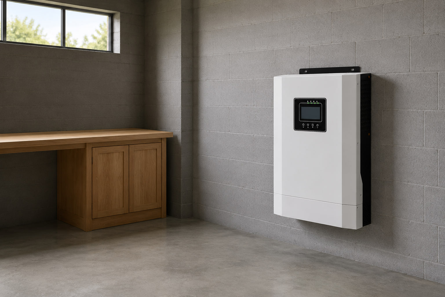AMPEXE A4000 off-grid inverter displayed unconnected in a clean rural workshop utility area