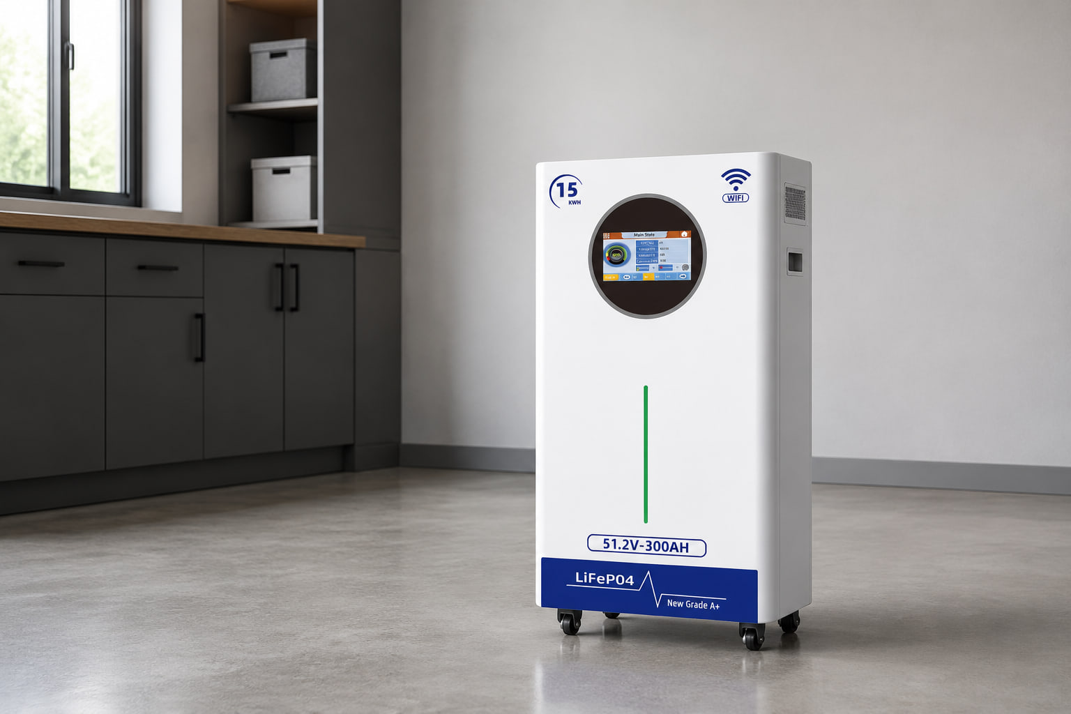 AMPEXE floor-standing lithium battery displayed fully disconnected in a clean residential mechanical room.