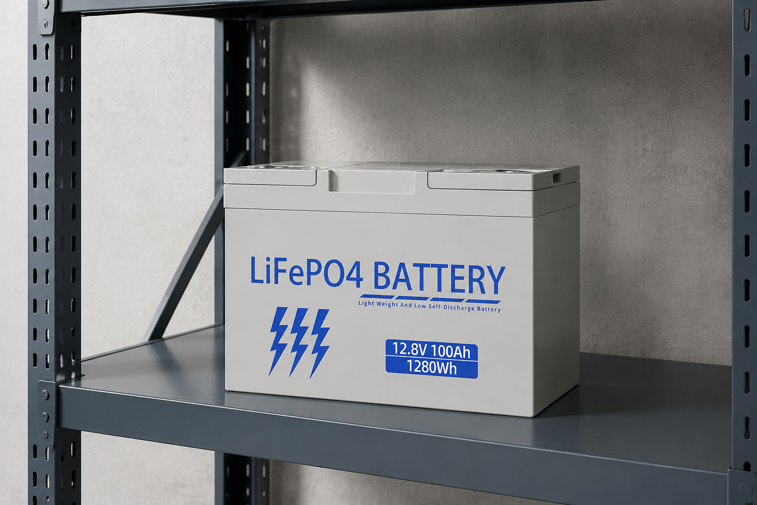 AMPEXE LiFePO4 battery resting fully disconnected on a clean industrial storage shelf.