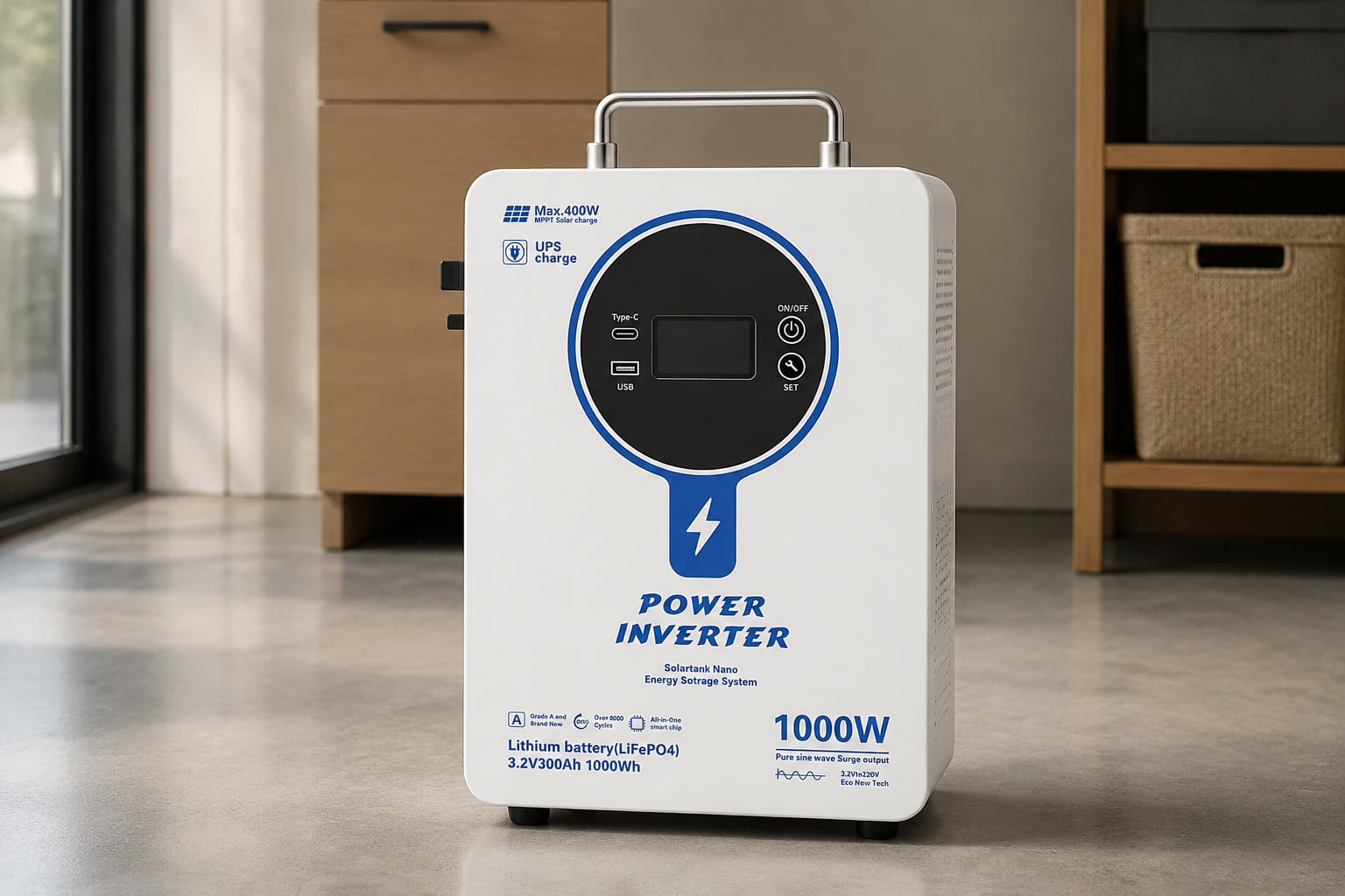 AMPEXE SolarTank ESS standing fully disconnected in a tidy home energy preparedness area.