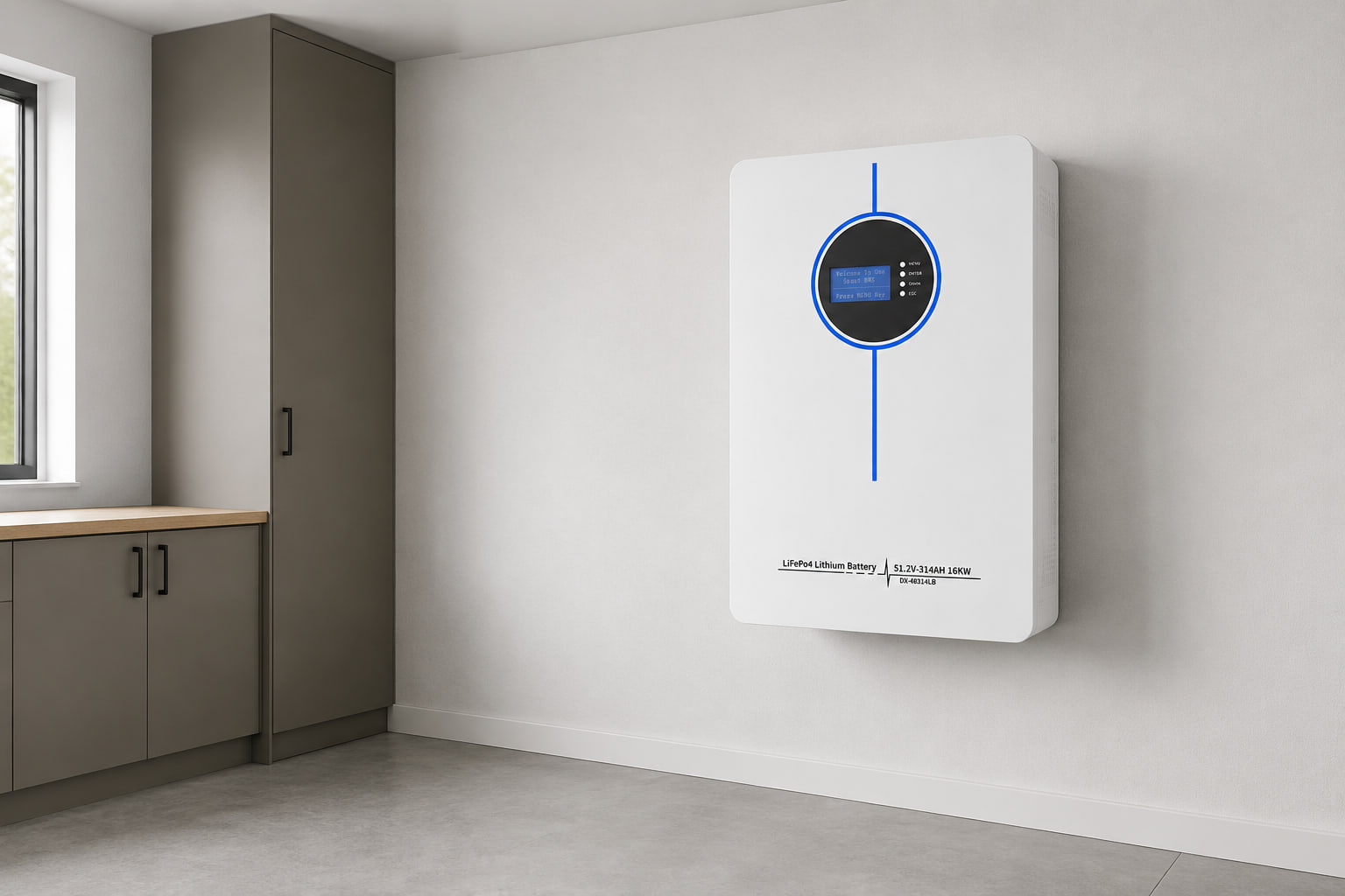 AMPEXE wall-mounted lithium battery shown fully disconnected in a clean residential utility room.